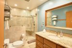 Newly remodeled bathroom with heated floors, custom shower, and granite